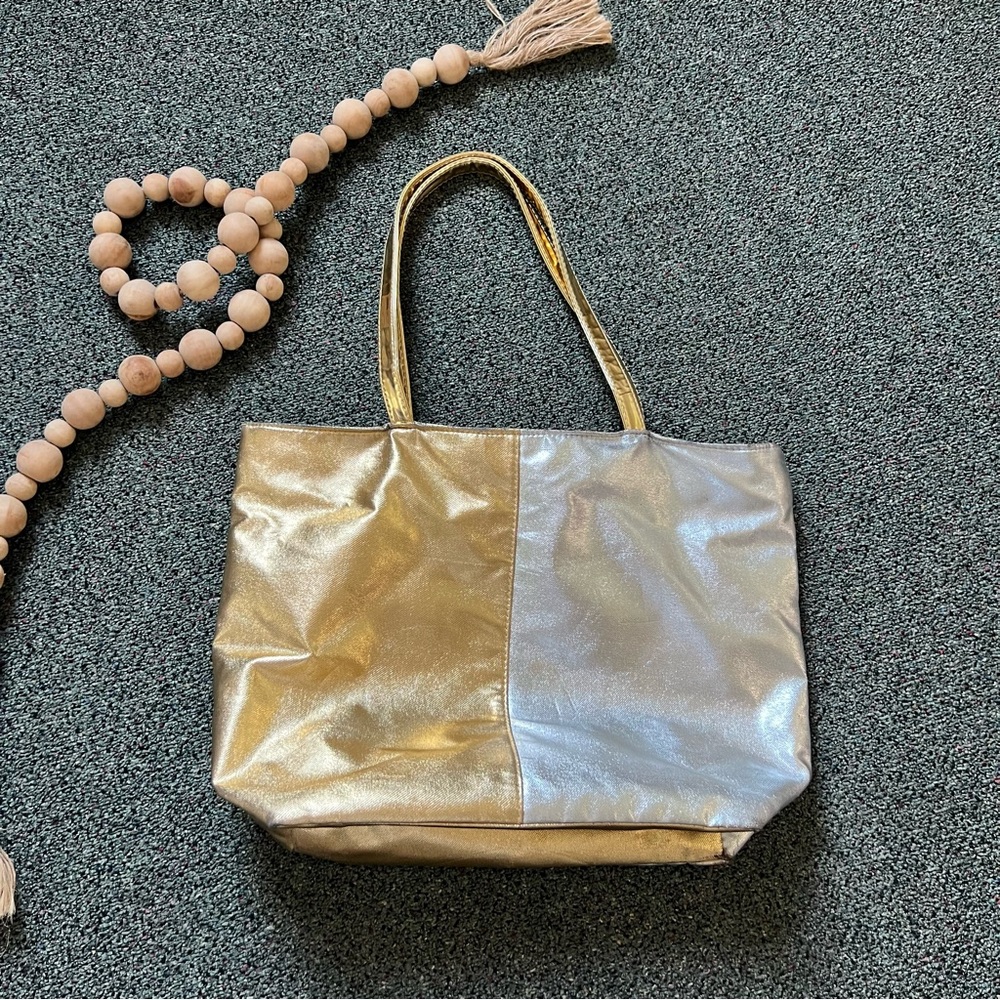 Color-block Shiny Metallic Silver & Gold Medium Large Tote Bag Pockets Laptop
